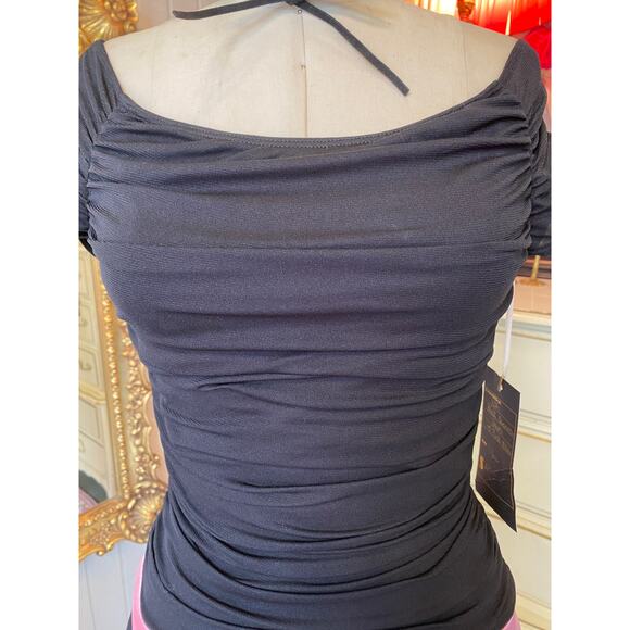 vintage y2k black ruched net off the shoulders dress trixxi hankie hem pink sash - Picture 2 of 9